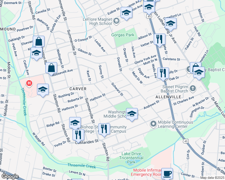 map of restaurants, bars, coffee shops, grocery stores, and more near 2010 Hathcox Street in Mobile