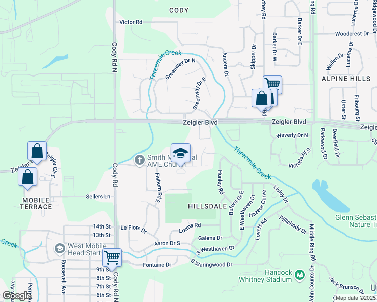 map of restaurants, bars, coffee shops, grocery stores, and more near 511 Line Street in Mobile