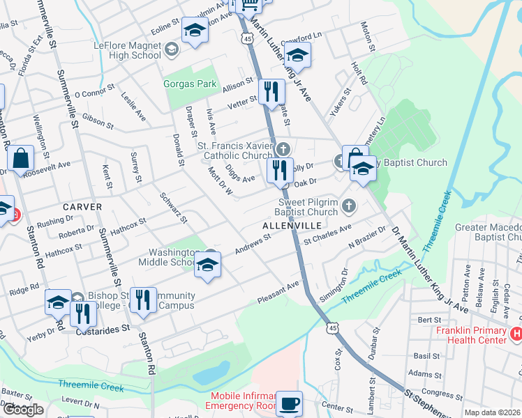 map of restaurants, bars, coffee shops, grocery stores, and more near 1855 Saint Stephens Court in Mobile