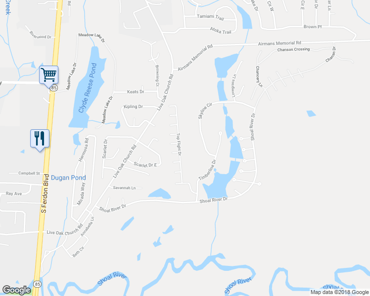 map of restaurants, bars, coffee shops, grocery stores, and more near 4587 Top Flight Drive in Crestview