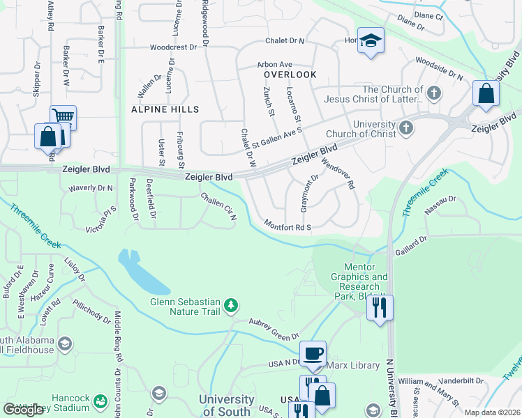map of restaurants, bars, coffee shops, grocery stores, and more near 856 Montfort Road West in Mobile