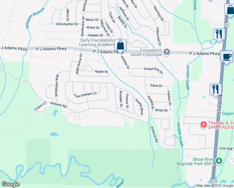 map of restaurants, bars, coffee shops, grocery stores, and more near 416 Peoria Boulevard in Crestview