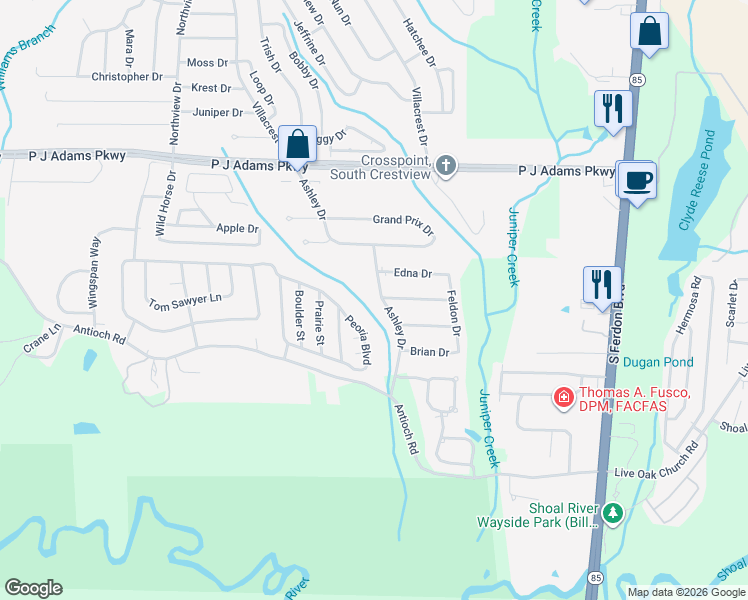 map of restaurants, bars, coffee shops, grocery stores, and more near 213 Ashley Drive in Crestview