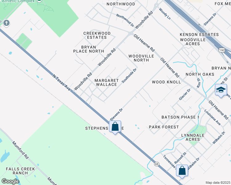 map of restaurants, bars, coffee shops, grocery stores, and more near 2215 Southside Drive in Bryan