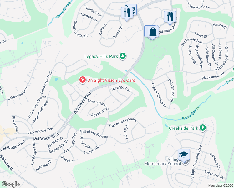 map of restaurants, bars, coffee shops, grocery stores, and more near 115 Double Fire Trail in Georgetown