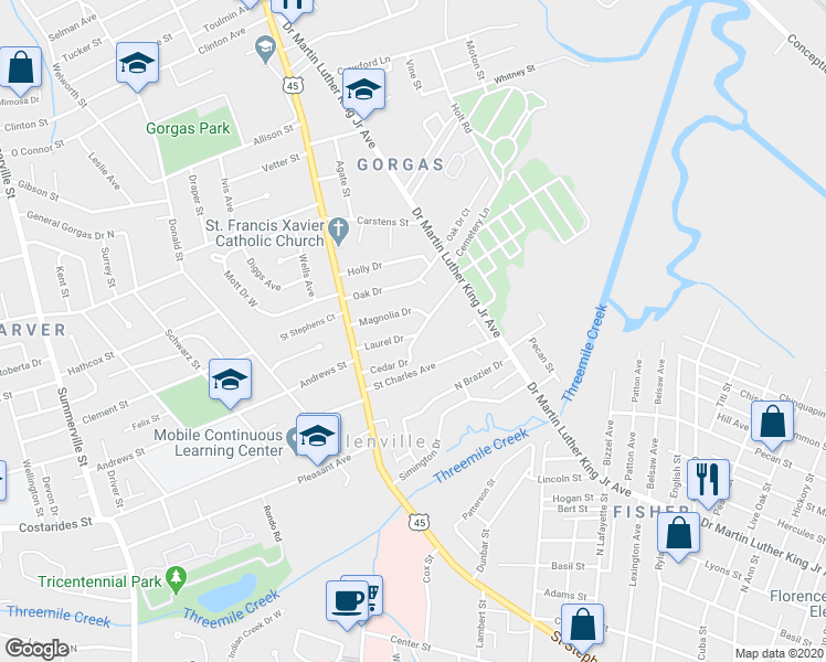 map of restaurants, bars, coffee shops, grocery stores, and more near 307 Laurel Drive in Mobile