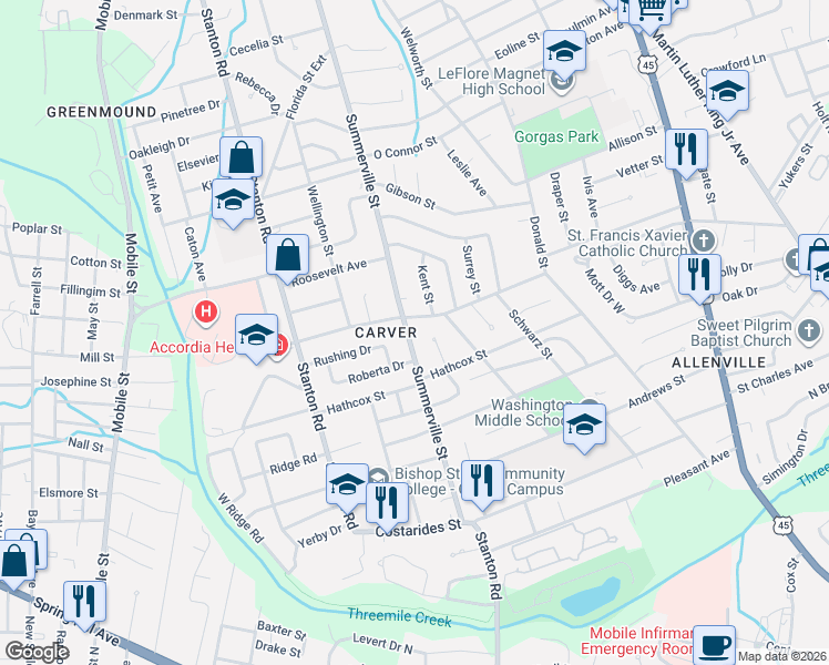 map of restaurants, bars, coffee shops, grocery stores, and more near 521 Summerville Street in Mobile