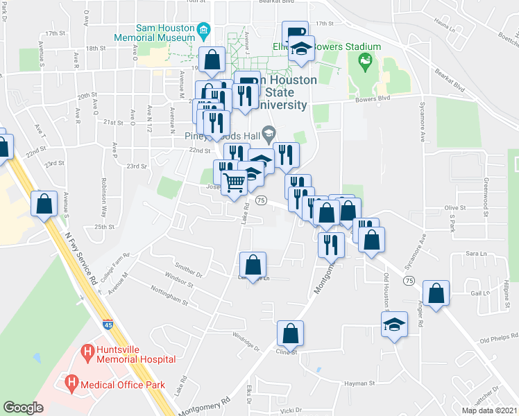 map of restaurants, bars, coffee shops, grocery stores, and more near 2406 Sam Houston Avenue in Huntsville
