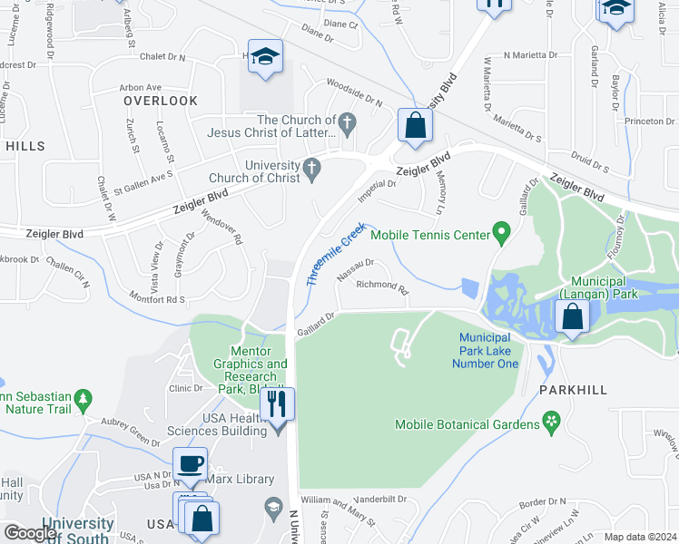 map of restaurants, bars, coffee shops, grocery stores, and more near 5542 Nassau Drive in Mobile