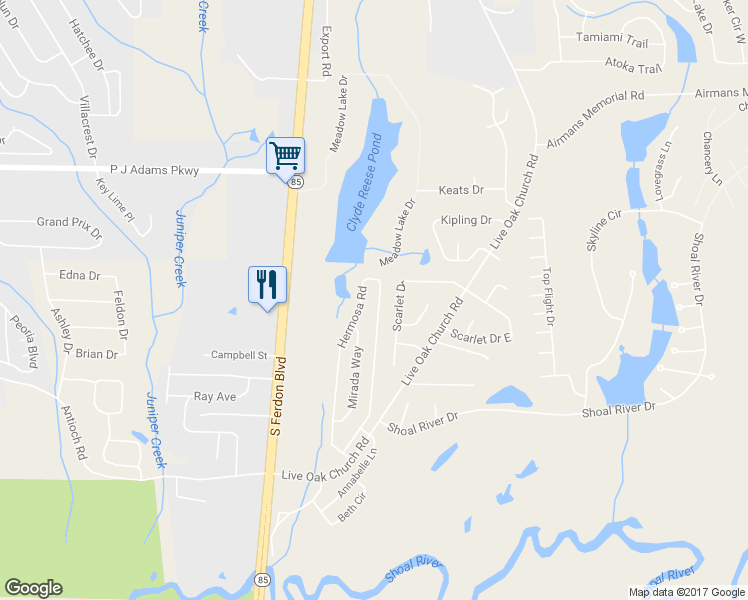 map of restaurants, bars, coffee shops, grocery stores, and more near 4587 Hermosa Road in Crestview