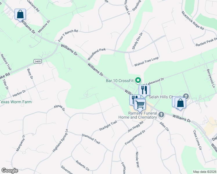 map of restaurants, bars, coffee shops, grocery stores, and more near 6031 Williams Drive in Georgetown