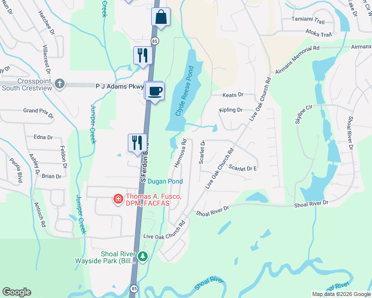 map of restaurants, bars, coffee shops, grocery stores, and more near 4590 Hermosa Road in Crestview