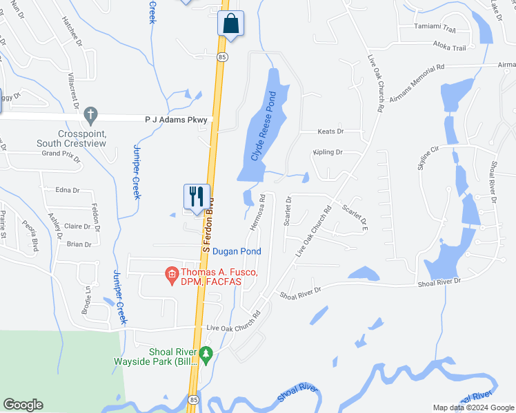 map of restaurants, bars, coffee shops, grocery stores, and more near 4562 Hermosa Road in Crestview
