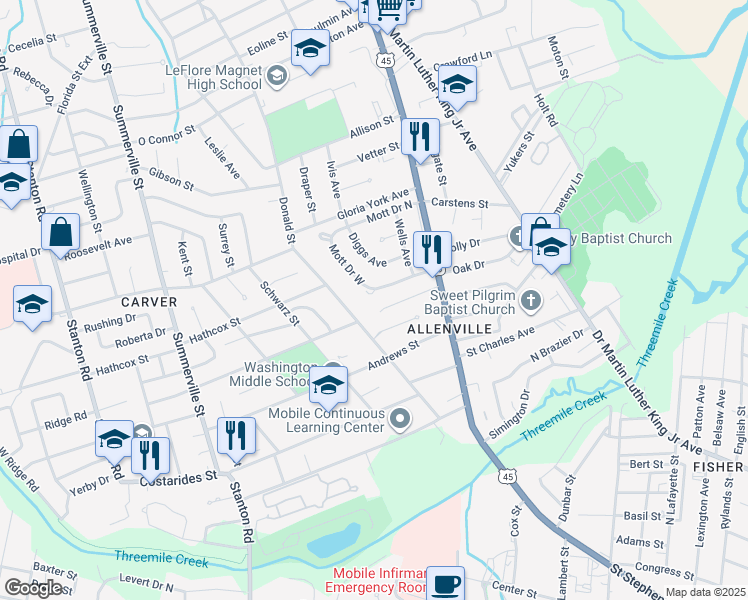 map of restaurants, bars, coffee shops, grocery stores, and more near 1869 Mott Drive West in Mobile