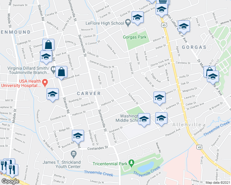 map of restaurants, bars, coffee shops, grocery stores, and more near 561 Wagner Court in Mobile