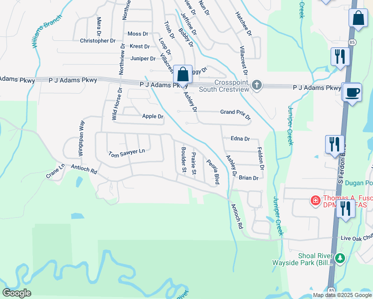 map of restaurants, bars, coffee shops, grocery stores, and more near 504 Boulder Street in Crestview