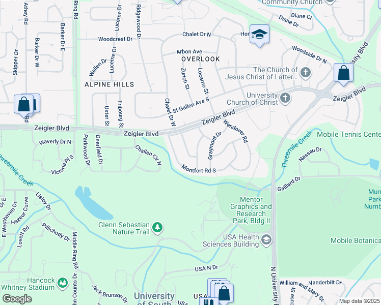 map of restaurants, bars, coffee shops, grocery stores, and more near 810 Vista View Dr in Mobile