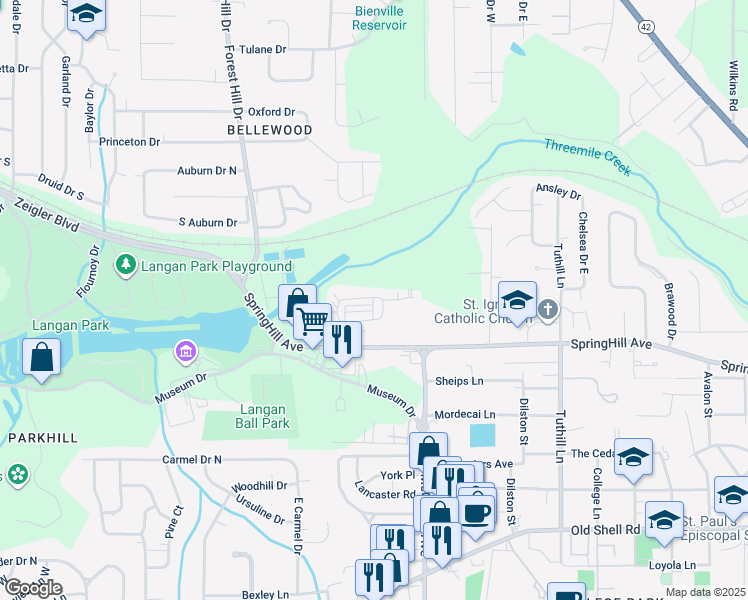 map of restaurants, bars, coffee shops, grocery stores, and more near 4612 SpringHill Avenue in Mobile