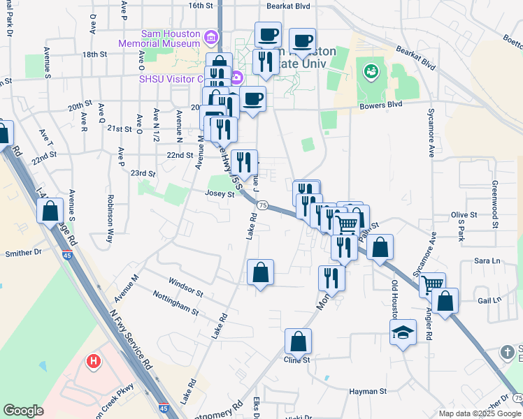 map of restaurants, bars, coffee shops, grocery stores, and more near 2406 Sam Houston Avenue in Huntsville