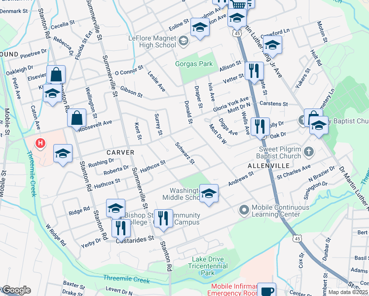 map of restaurants, bars, coffee shops, grocery stores, and more near 554 Schwarz Street in Mobile