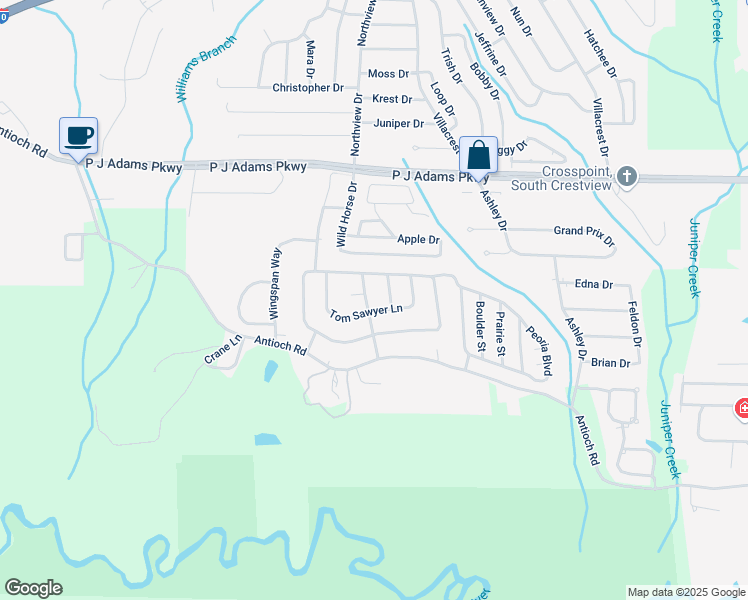 map of restaurants, bars, coffee shops, grocery stores, and more near 527 Tom Sawyer Lane in Crestview