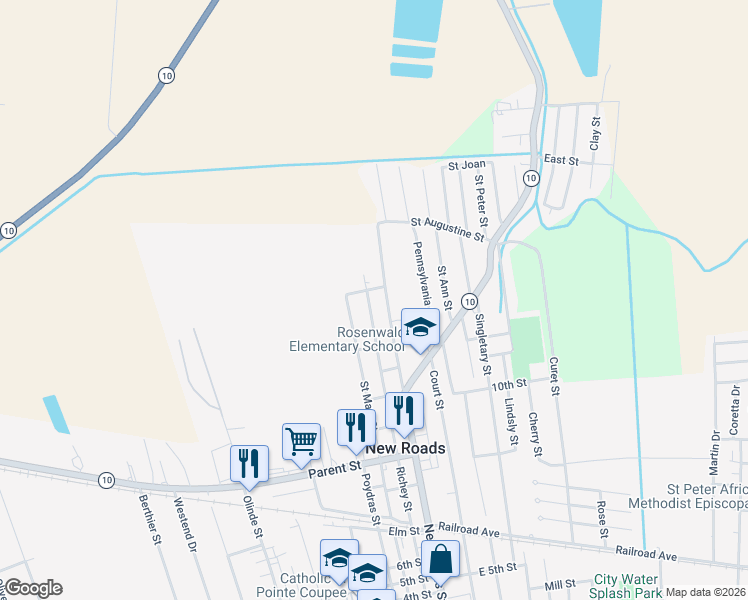 map of restaurants, bars, coffee shops, grocery stores, and more near 1313 New Roads Street in New Roads