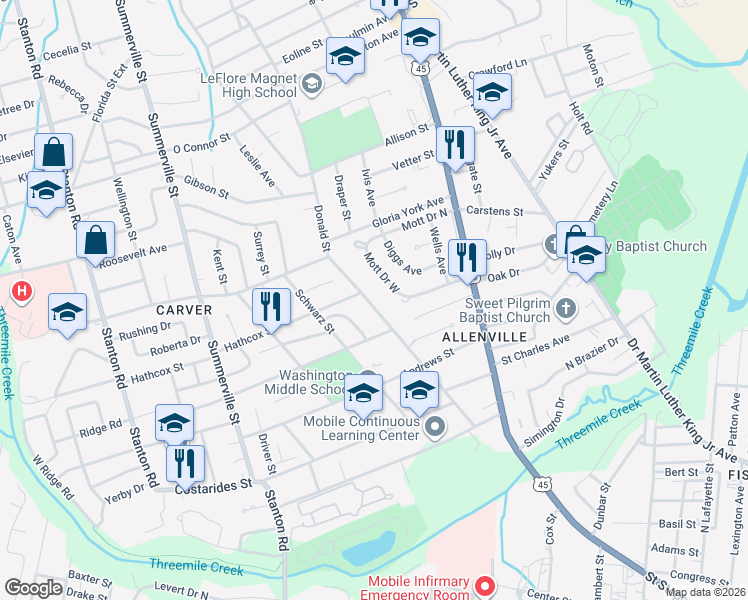 map of restaurants, bars, coffee shops, grocery stores, and more near 522 Donald Street in Mobile