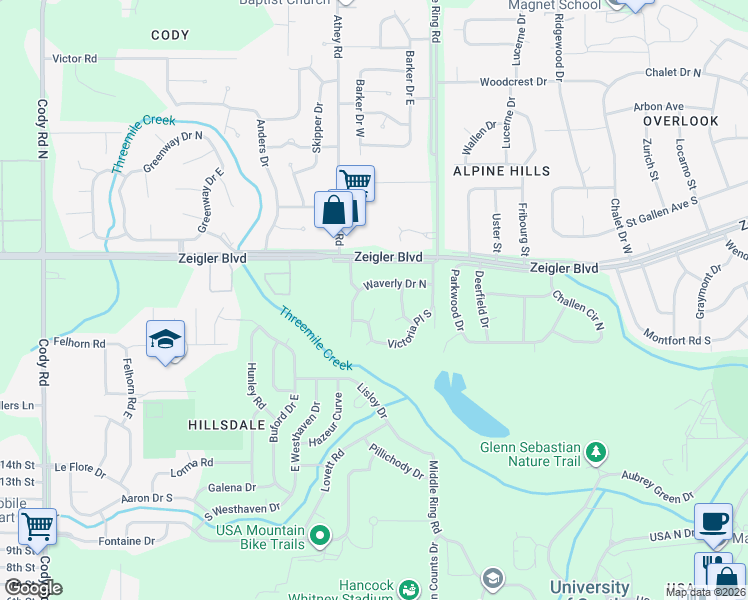 map of restaurants, bars, coffee shops, grocery stores, and more near 901 Windrock Court in Mobile