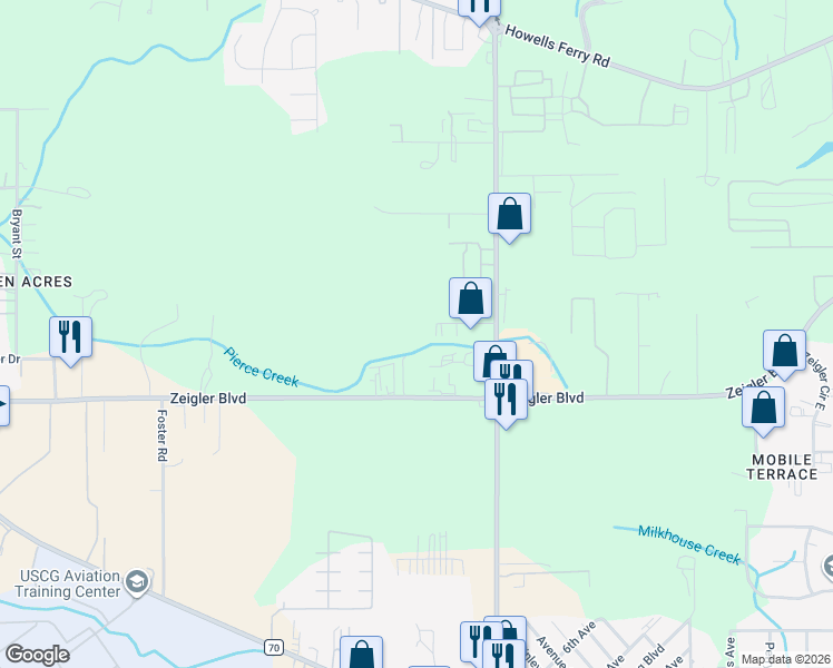 map of restaurants, bars, coffee shops, grocery stores, and more near 7935 Foxfire Drive in Mobile