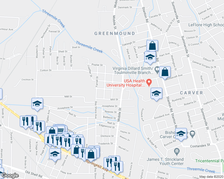 map of restaurants, bars, coffee shops, grocery stores, and more near 551 May Street in Mobile