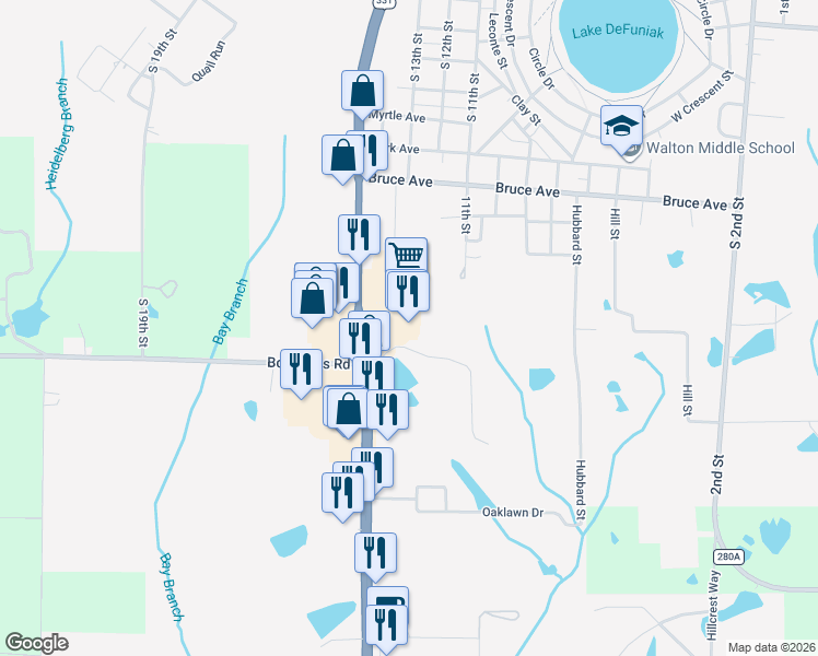 map of restaurants, bars, coffee shops, grocery stores, and more near 1045 U.S. 331 in DeFuniak Springs