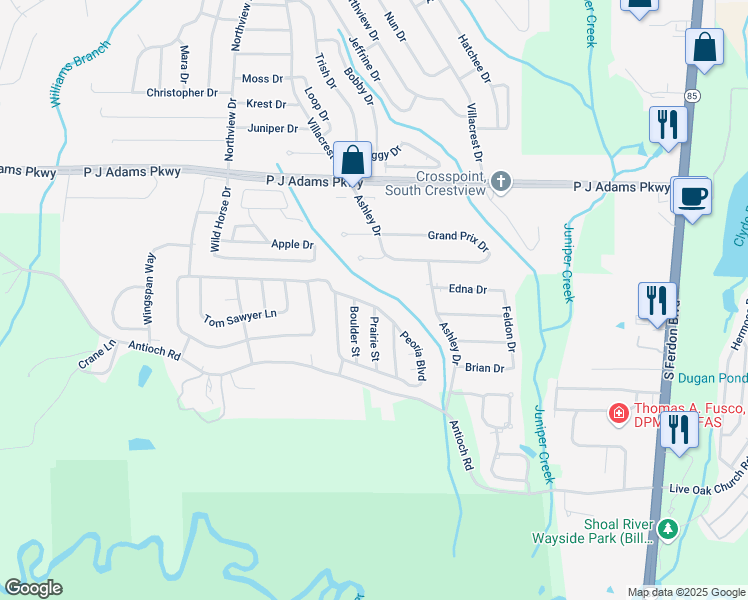 map of restaurants, bars, coffee shops, grocery stores, and more near 124 Peoria Boulevard in Crestview