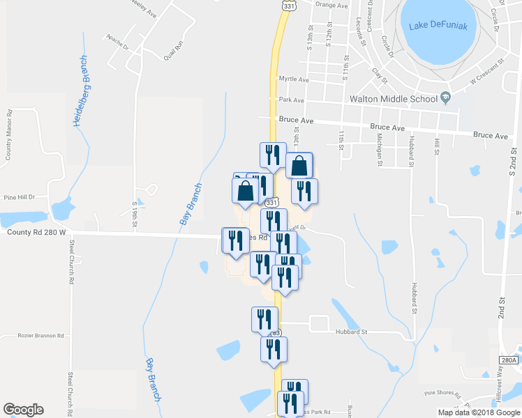 map of restaurants, bars, coffee shops, grocery stores, and more near 1030 US Highway 331 South in DeFuniak Springs