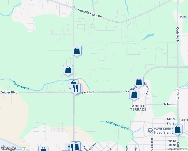 map of restaurants, bars, coffee shops, grocery stores, and more near 803 Ashford Road in Mobile