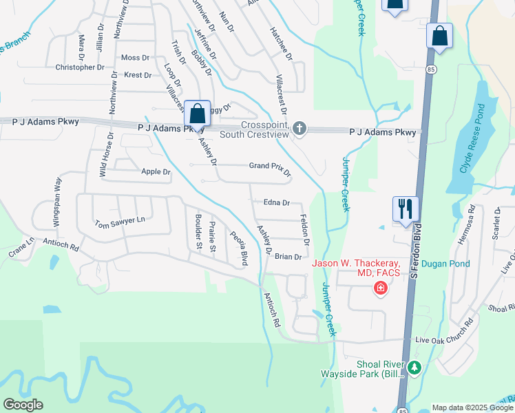 map of restaurants, bars, coffee shops, grocery stores, and more near 103 Edna Drive in Crestview