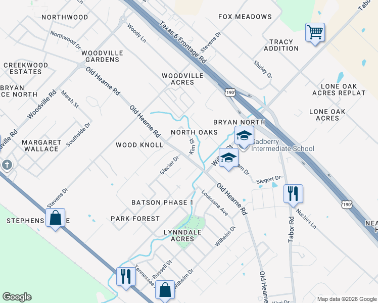 map of restaurants, bars, coffee shops, grocery stores, and more near 3014 Kim Street in Bryan