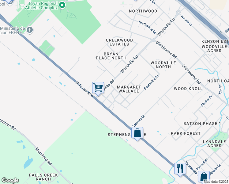 map of restaurants, bars, coffee shops, grocery stores, and more near 4305 Malvern Street in Bryan