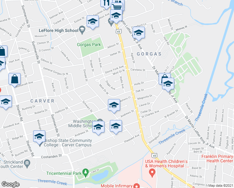 map of restaurants, bars, coffee shops, grocery stores, and more near 1858 Mott Drive South in Mobile