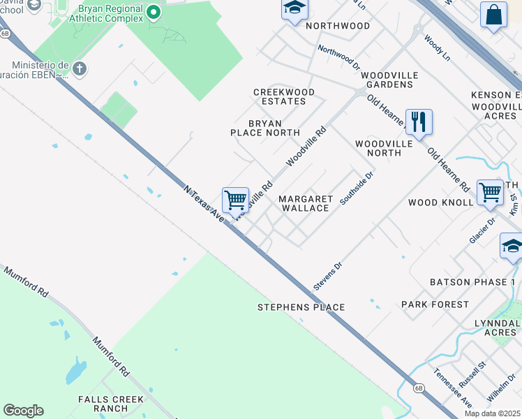map of restaurants, bars, coffee shops, grocery stores, and more near 4305 Malvern Street in Bryan