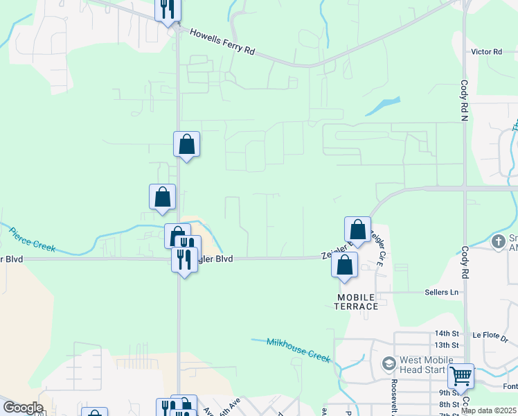 map of restaurants, bars, coffee shops, grocery stores, and more near 803 Ashford Road in Mobile