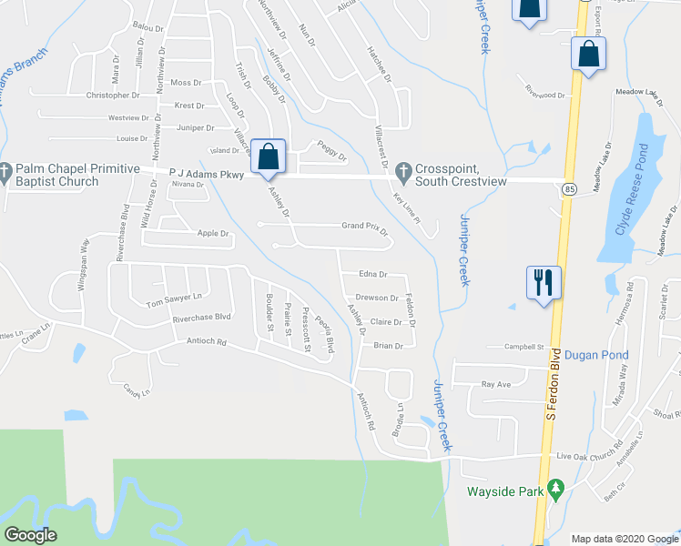 map of restaurants, bars, coffee shops, grocery stores, and more near 398 Ashley Drive in Crestview