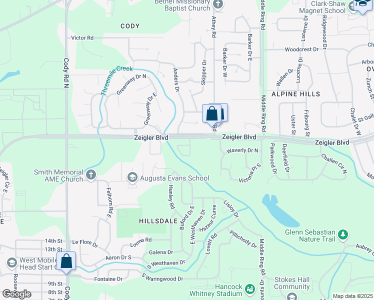 map of restaurants, bars, coffee shops, grocery stores, and more near 6655 Zeigler Boulevard in Mobile