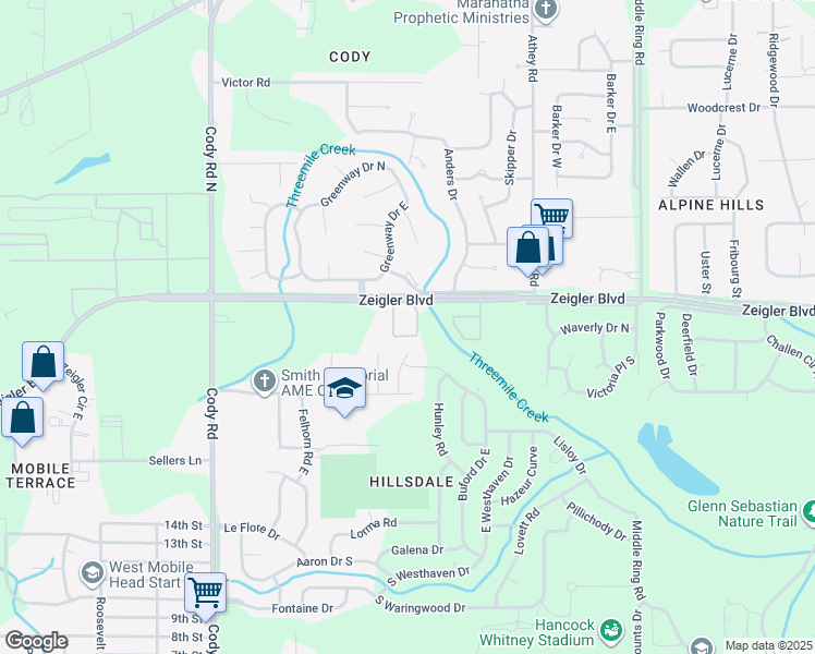 map of restaurants, bars, coffee shops, grocery stores, and more near 6725 Zeigler Boulevard in Mobile