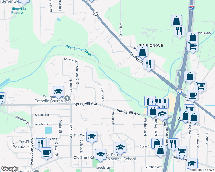 map of restaurants, bars, coffee shops, grocery stores, and more near 578 Springwood Drive North in Mobile