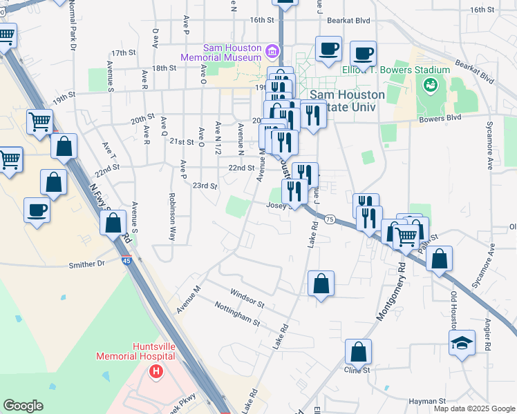 map of restaurants, bars, coffee shops, grocery stores, and more near 1255 Josey Street in Huntsville