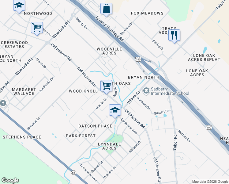 map of restaurants, bars, coffee shops, grocery stores, and more near 3014 Kim Street in Bryan