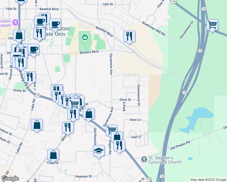 map of restaurants, bars, coffee shops, grocery stores, and more near 2311 Sycamore Avenue in Huntsville