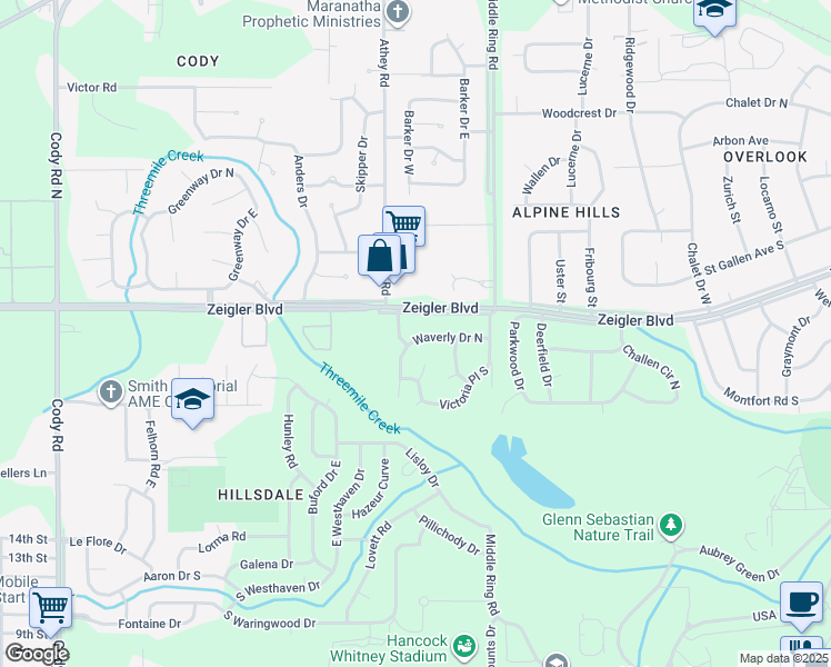 map of restaurants, bars, coffee shops, grocery stores, and more near 6500 Waverly Drive North in Mobile