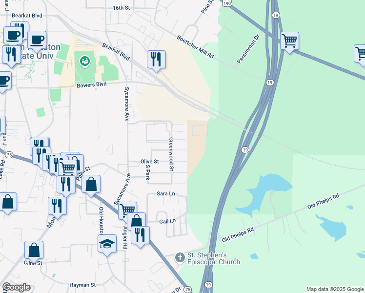 map of restaurants, bars, coffee shops, grocery stores, and more near 227 Oak Lawn Street in Huntsville