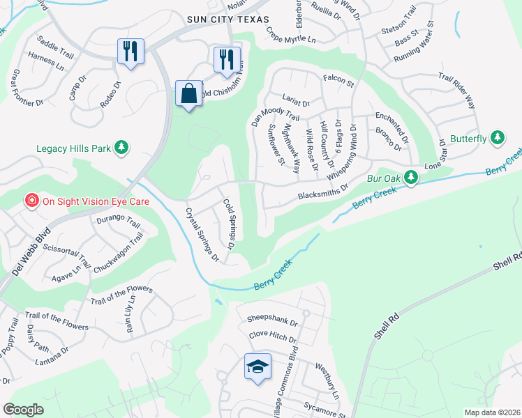 map of restaurants, bars, coffee shops, grocery stores, and more near 109 High Trail Drive in Georgetown